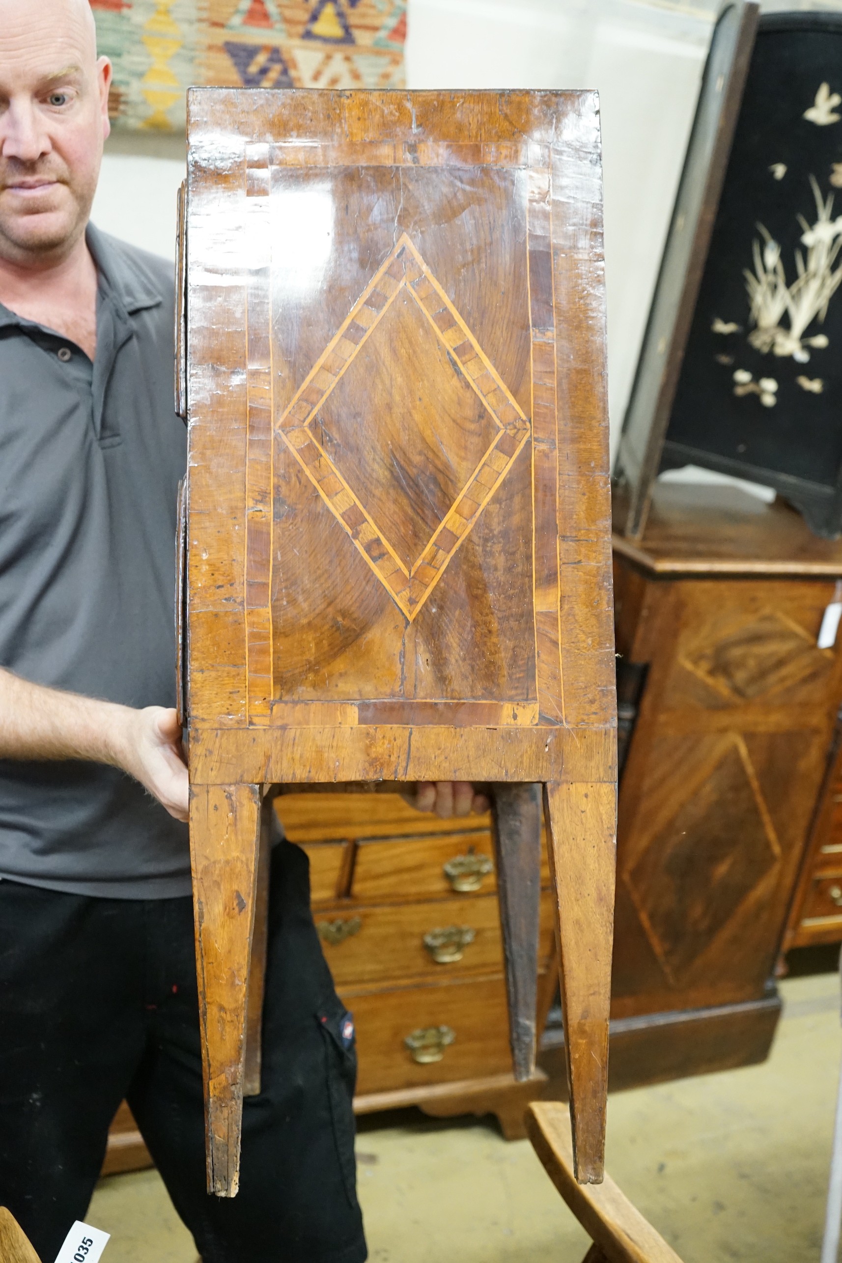 An 18th century North Italian banded walnut two drawer chest, width 48cm, depth 31cm, height 80cm